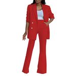 Ladies Trouser Suits For Special Occasions 2 Piece Outfits Long Blazer with Pants Fashion Elegant Thin Transition Jacket Casual Lightweight Slim Fit Work Club Wedding Party Coats Outfits (A1-Red, XXL)