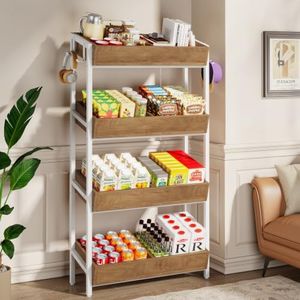 Tribesigns 4-Tier Retail Display Shelf, Snack Rack Display Stand with 4 Hooks (Brown+White)