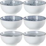Houlu 30 ounce ceramic rice bowl, Japanese bowl set, various tableware for grains, soups, desserts, snacks, fruits, 6 pieces per pack (blue and white)