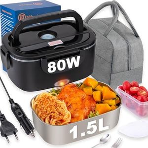 Nifogo Gamelle Chauffante 80W pour Voiture et Camion et Bureau Lunch Box Électrique 3 en 1 Acier Inoxidable 12V 24V et 230V - Boîte à Repas 1,5L avec Gris Sacs Isolants(Noir)