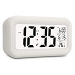 RAVSOOL Digital Alarm Clock, Electronic Large Digit Display Snooze Night Light Battery Operated Long Battery Life Clock with Date Calendar Temperature for Kids/Bedroom/Heavy Sleepers/Travel (White)