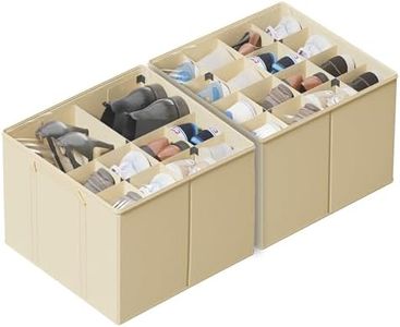 SUOCO 2 Pack Shoe Organizer for Closet, Fits up to 32 Pairs, Small Space Shoe Storage Boxes Bins Containers w/Adjustable Dividers and Clear Top, Black, Beige