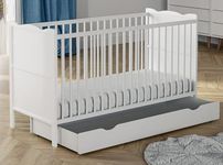 White Solid Wood Convertible Newborn Baby Cot Bed With Underneath Drawer Storage Included Wooden Nursery Furniture Converts Into A Junior Toddle Bed 120 x 60 cm or 140 x 70 cm … (140 x 70cm)