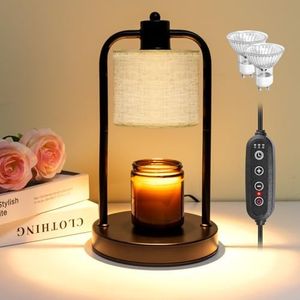 Candle Warmer Lamp with Timer Dimmable: Electric Wax Melts Warming Light | Linen Shade, Foldable Double Stem Lamp Top Down Candle Melting Light for Home Decor Gift (Black)
