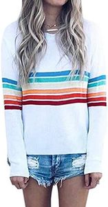 ECOWISH Women's Sweater Rainbow Colorful Striped Sweaters Long Sleeve Crew Neck Color Block Casual Pullover Blouse Tops White X-Large