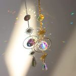 Crystal Glass Sun Catchers Wind Chimes,Hanging Gold Sun Moon Crystal Pendant Interior Decoration Glass Sun Catchers for Windows Garden Car Decoration Gift (Gold)…