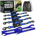 Rhino USA Retractable Ratchet Straps (4-Pack) - 2.5cm x 3m (540kg Break Strength) - Medium Duty Auto Self-Retracting Tie Down Straps for Truck, Cargo Trailer, Motorcycle, Bike & More - Blue