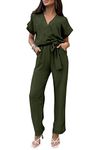 PRETTYGARDEN Women's Jumpsuit Casual Short Sleeve Wrap V Neck Blted Wide Leg Pants Rompers (Army Green,Large)