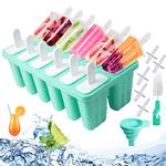 Ice Lolly Moulds,12-Hole Popsicle Moulds, Non-Stick Ice Cream Moulds, Food Grade Silicone Ice Lolly Moulds with Sticks, Cleaning Brush and Folding Funnel, BPA Free, Green