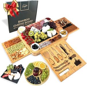 Bamboo Cheese Board and Knife Set Ceramic Bowls Wine Opener - 100% Organic Wood Serving Tray Charcuterie Board Perfect Choice for Gourmets, Birthday Presents, Wedding Gifts, Mothers & Housewarming