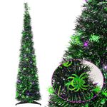 5FT Black Halloween Tree Pop-up Christmas Tree with Spider Decoration,Pre-lit Mini Christmas Tree with 60 Lights Black Artificial Pencil Tree with Green Spider Collapsible Tinsel Tree