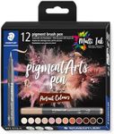 STAEDTLER Brush Pen Pigment Arts, Premium Drawing Ink, Brush Tip for Variable Line Width, Waterproof, Quick-Drying, 12 Brush Pens in Assorted Colours in Cardboard Case, 371 C12-4