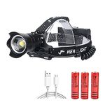 LED Head Torch 10000 Lumen USB Rechargeable Headlamp, 3 Modes, 90° Rotatable, Zoomable IPX5 Waterproof Helmet Light Headlight for Camping, Hiking, Cycling, Fishing, Included 3 x 18650 Batteries