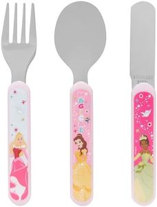 Disney Princess 3 Piece Cutlery Set – Metal, Reusable Children's Knife, Fork & Spoon, Kids-Size, Made from Food-Safe Stainless Steel & ABS Plastic – with Belle, Tiana & Aurora – for 12 Months & Up