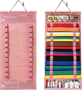 OXWIND Karate Belt Display Rack - 12 Felt Martial Arts Belt Display Holder with 2 Picture Frames & Clear Medal Box, No Assembly Required, for Taekwondo, BJJ, Jiu Jitsu, Karate Belts (Pink)