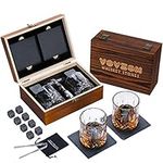 Whiskey Stones and Glasses Gift Set for Men – 8 Whisky Scotch Bourbon Chilling Stones, 2 Whiskey Glasses in Wooden Box – Christmas/Father's Day/Birthday Gift/Present for Father Dad Boyfriend