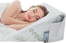 𝗣𝗿𝗲𝗺𝗶𝘂𝗺 Bamboo Bed Wedge Pillow - Deeper Sleep - Antibacterial, Breathable Contouring Support Stay Cool Memory Foam Cushion with Left Side Pockets