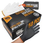 HDMNDD Black Disposable BBQ Gloves Kit - 50 Heavy Duty Full Textured Grip and 2 Heat Resistant Reusable Glove Liners for BBQ, Grilling, Meat Gloves for Pulling Meat