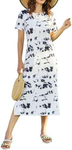 Naggoo Women's Short Sleeve Split Maxi Dress Casual Plain Tie Dye Print Tshirt Long Dresses with Pockets, White Tie Dye, Medium