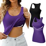 V FOR CITY Tank Tops with Built in Bras for Women Cami Tanks Slim Fit Racerback Basic Undershirts 2 Pack Black/Purple