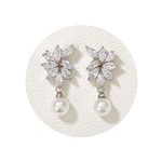 SWEETV Cubic Zirconia Pearl Wedding Bridal Earrings for Brides Bridesmaids, Pearl Drop Earrings for Women Prom Formal Party Jewelry Gifts, Silver