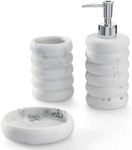 Navaris Decorative Bathroom Accessories Set - 3-Piece Bath Accessory Kit with Toothbrush Holder Liquid Soap Dispenser and Soap Dish Tray Set - White Marble