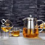 ZROY ENTERPRISE Borosilicate Glass Round Tea Pot with Heat Resistant Stainless Steel Infuser Perfect for Tea and Coffee Maker, Clear Glass Kettle with 4 Cups (750 ML, Round Kettle with Cups)