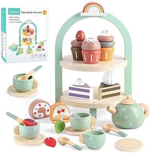 GAGAKU Wooden Tea Party Set for Girls Tea Set for Toddler Food Pretend Play Accessories Kids Kitchen Playset Tea Set for Toddlers 26Pcs