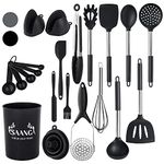 SAANGA Silicone Kitchen Utensil Set 21 Pcs Non-Stick Heat Resistant Cookware, Food Grade and Dishwasher Safe Cooking Utensils with Holder (Black)