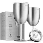 FineDine Premium Grade 18/8 Stainless Steel Wine Glasses 12 Oz. Double-Walled Insulated Unbreakable Goblets (Set of 2) Stemmed Wine Glass BPA-Free Leak Resistant Lid for Red White Wine, Brushed Metal