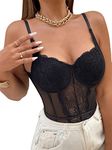 GORGLITTER Women's Lace Sheer Mesh Bodysuit Sexy Sleeveless Jumpsuit V Neck Corset Bustier Cami Tops Bodyshaper Black M