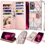 Njjex Wallet Case For iPhone 16 Pro Max 6.9" 2024, For iPhone 16 Pro Max Case, [9 Card Slots] PU Leather ID Credit Holder Folio Flip [Detachable] Kickstand Magnetic Phone Cover & Lanyard [Marble Pink]