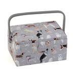 Hobby Gift Medium Sewing Box Organiser with Handle - Cotton Basket Sewing Storage Box, Craft Storage Boxes with Compartments for Tools & Accessories - 18.5 x 25.5 x 14.5cm, Grey Dogs