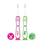 Chicco Toothbrush for Kids (3y-8y) with Suction Cup, Set of 2 | Extra Soft Tapered Bristles for Milk and Permanent Teeth | With Tongue Scraper and BPA Free Material (Pink, Green)