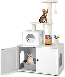 Costway Cat Tree with Litter Box Enclosure, 2-in-1 Modern Cat Tower with Cat Condo, Plush Perch, Sisal Scratching Posts, Dangling Ball, Hidden Cat Washroom Furniture with Divider for Indoor Cats