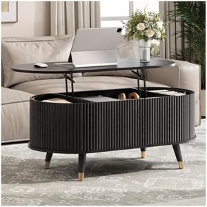 JOINICE Oval Lift Top Coffee Table with Storage for Living Room,42.5",Black | Large Hidden Storage,Boho Fluted Panel,Pop Up Center Table with Wooden Legs,Lifts to 23.6",Holds 88lbs,Easy Assembly