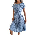 Qiyun.z Women Casual Striped Floral Round Neck Dress with Belt Short Sleeve Summer Beach Swing Dress Light Blue XL