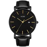 BUREI Men's Fashion Minimalist Wrist Watch Analog Date with Leather Strap (Gold Black)