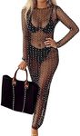 Willow Dance Women's Sheer Mesh Pearl Rhinestone Cover Up Beach Dress Swimwear Bikini Swimsuit Bathing Suit Coverups, A Black, Medium