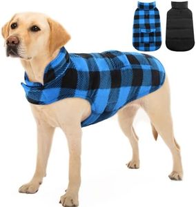 Kuoser Warm Dog Coat,Reversible Dog Jacket Waterproof Dog Winter Coat British Style Plaid Dog Clothes Pet Dog Cold Weather Coats Cozy Snow Jacket Vest for Small Medium Large Dogs,dog coat with harness