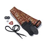 KLIQ Vintage Woven Guitar Strap for Acoustic & Electric Guitars + 2 Free Rubber Strap Locks, 2 Free Guitar Picks & 1 Free Lace | '60s Jacquard Weave Hootenanny Style | Crimson & Gold Sunburst Flower