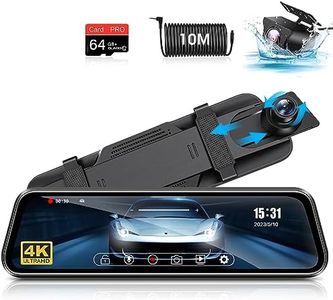 【Upgrade UHD 4K】10'' Mirror Dash Cam Front and Rear with 64G SD Card Adjustable Reverse Line Car Rear View Mirror Dashcam IP69 Waterproof Rear Camera 10M Cable WDR Night Vision 170° Large Wide Angle