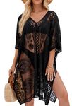 Women's Swimwear Cover-Up for Beach and Pool, Lace V-Neck Swimsuit Dress, Bikini Cover-Up, Black