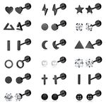 Drperfect 18 Pairs Surgical Stainless Steel Stud Earrings For Women Men 20G Cartilage Earrings Studs Cross Moon Star Small Stud Earrings Black Gold Screw Flat Back Earrings Ear Piercing Studs Set