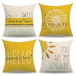 4Pack Summer Decor Pillow Covers Yellow Floral Sunflower Hello Sunshine Cushion Cover You Are My Sunshine Farmhouse Sweet Summer time Home Decor Pillowcases 18”×18”For Sofa Patio Couch (Yellow)