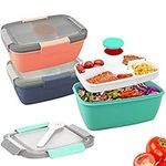 3 Pack Bento Box for Adults,68 oz Lunch Boxes with Cutlery & Sauce Cups,Leak-Proof Meal Prep Containers for Work School Travel, 5-Compartment Tray,BPA-Free(Green,Pink,Blue)