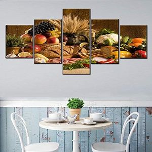 Multi Panels Canvas Wall Art Fruits and Vegetables Pictures Wine Bottle Paintings for Living Room Meat Food Artwork Kitchen House Decor Wooden Framed Ready to Hang Poster and Prints(50''W x 24''H)