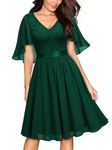 MISSMAY Women's Elegant Short Cape Sleeves V-Neck Lace Contrast Chiffon Cocktail Party Flared Swing Dress (XX-Large, Dark Green)