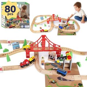 TOY Life Wooden Train Set 80pcs - Wood Train Set for Boys & Girls with Crane Wood Tracks Fits Thomas Brio Melisa Chugginton Train Track Set Wooden Railway - Toddler Boy Toy Train Set Boys Train Set 3+