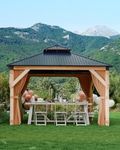 GarveeLife Hardtop Wood Gazebo 12'x12' for All Weather, with Double Metal Roof, Heavy Duty Wooden Frame, Net, and Curtain, Permanent Building for Patio, Deck, Backyard, Lawn, and Garden, Khaki